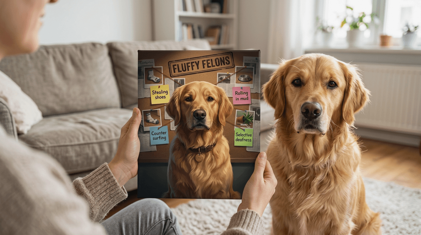 Golden Retriever crime board portrait in frame
